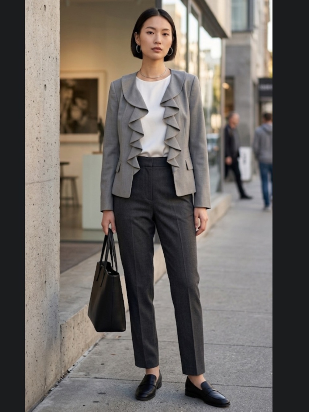 Isabella Suits Gray Ruffle Front Blazer Jacket Size 12